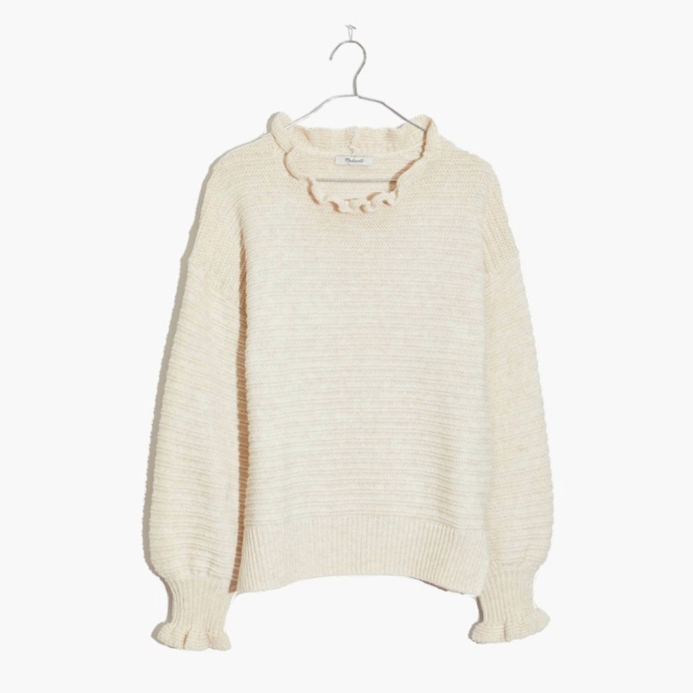 Madewell Ruffle Neck Cotton Wool Textured Knit Pullover Sweater Heather Oatmeal